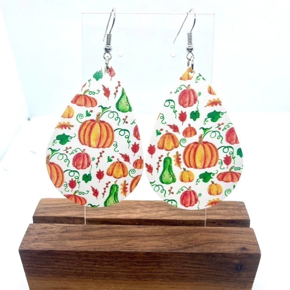 Faux Leather Teardrop Colorful Gourd Print Earrings